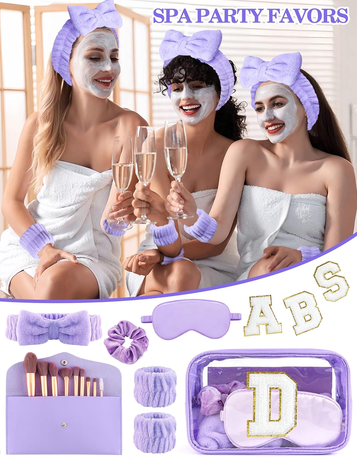 Gift Sets for Women, Initial Makeup Bag with Makeup Brush Set Bachelorette Party Favors, Purple Spa Kit with Skincare Headbands Wrist Bands Sleepover Party Supplies Gifts for Teen Girls Bridesmaid D