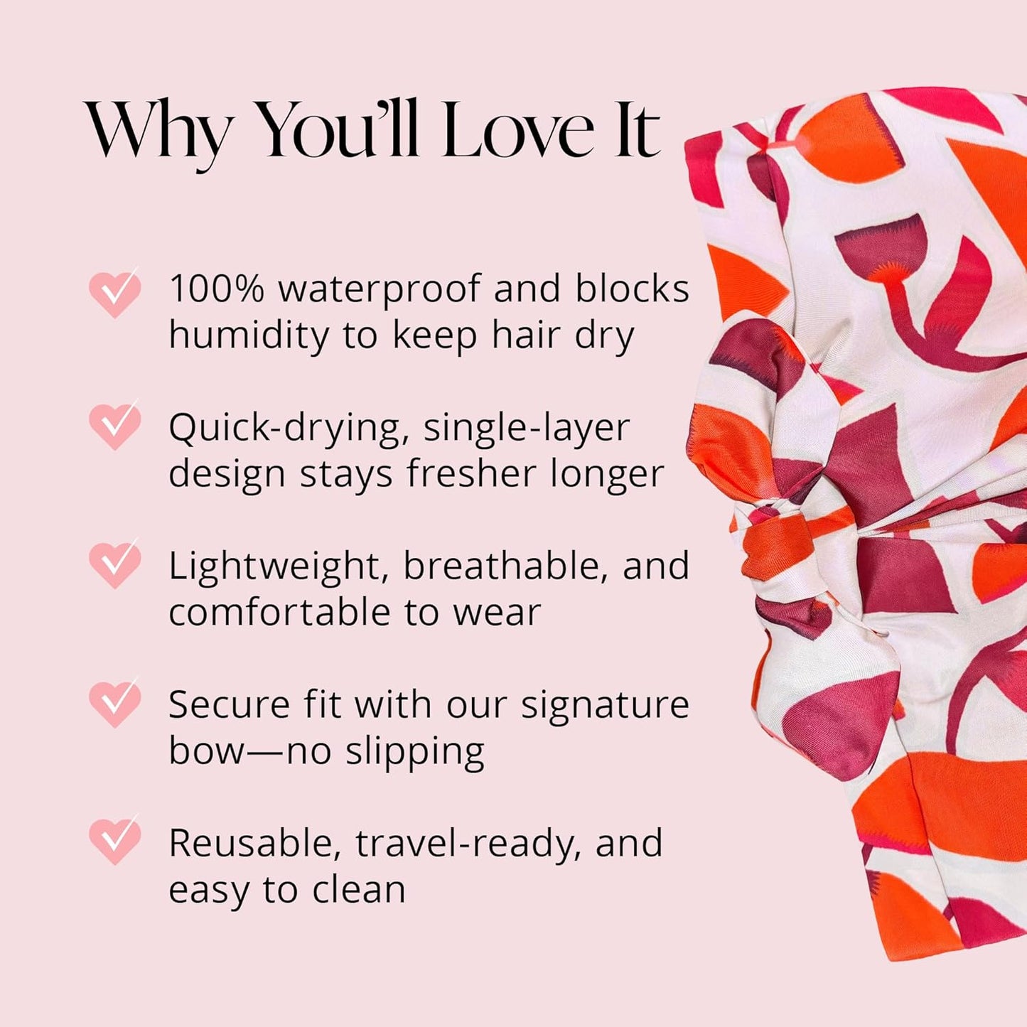 GRACE & COMPANY Luxury Shower Cap For Women - 100% Waterproof, Reusable, Washable & Breathable Shower Caps - Cara Cara