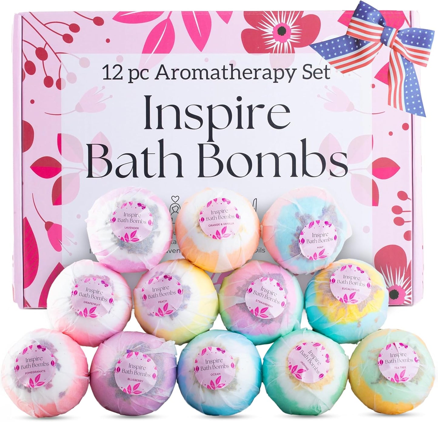 EvolutionUSA Inspire Bath Bombs for Women, 12 Gorgerous Flower Bath Bombs Topped with Dried Flowers, Luxurious Mother's Day Gift Set, Brithday Gift, Easter Gift or for Creating Lush Self Care Moment