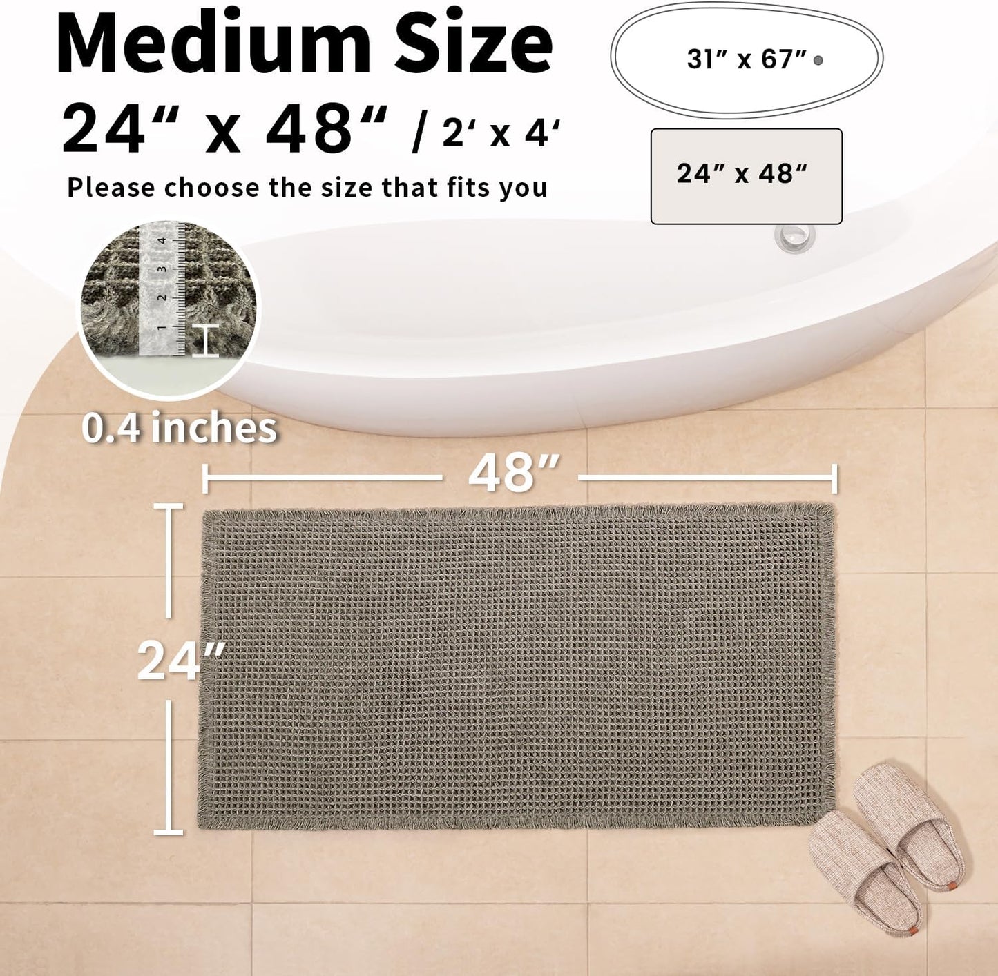 Waffle Bath Mat - Boho Bathroom Rugs Non Slip Washable, Super Absorbent & Quick Dry, Soft Bath Mat Farmhouse Bathroom Decor, 24'' x 48'', Olive Green