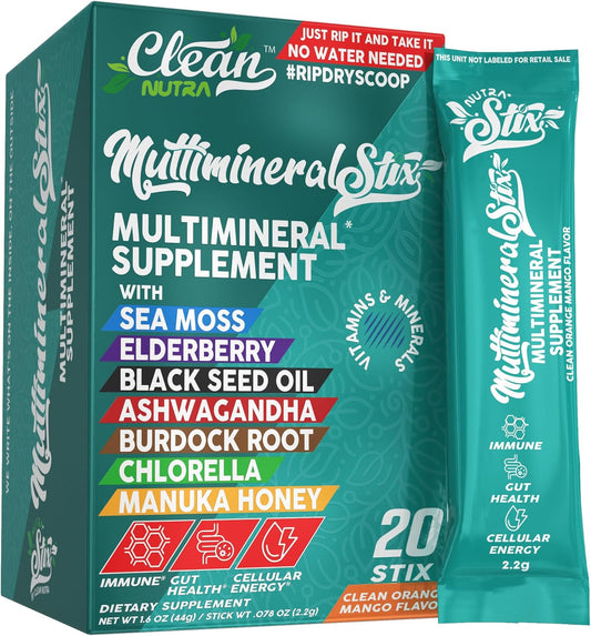 Sea Moss Powder Elderberry Ashwagandha Chlorella Manuka Honey VitaminD3 Vitamin C Zinc Spirulina Iodine Greens Detox Immune Support Sugar Free Hydration Powder Drink Mix – 20 Sticks