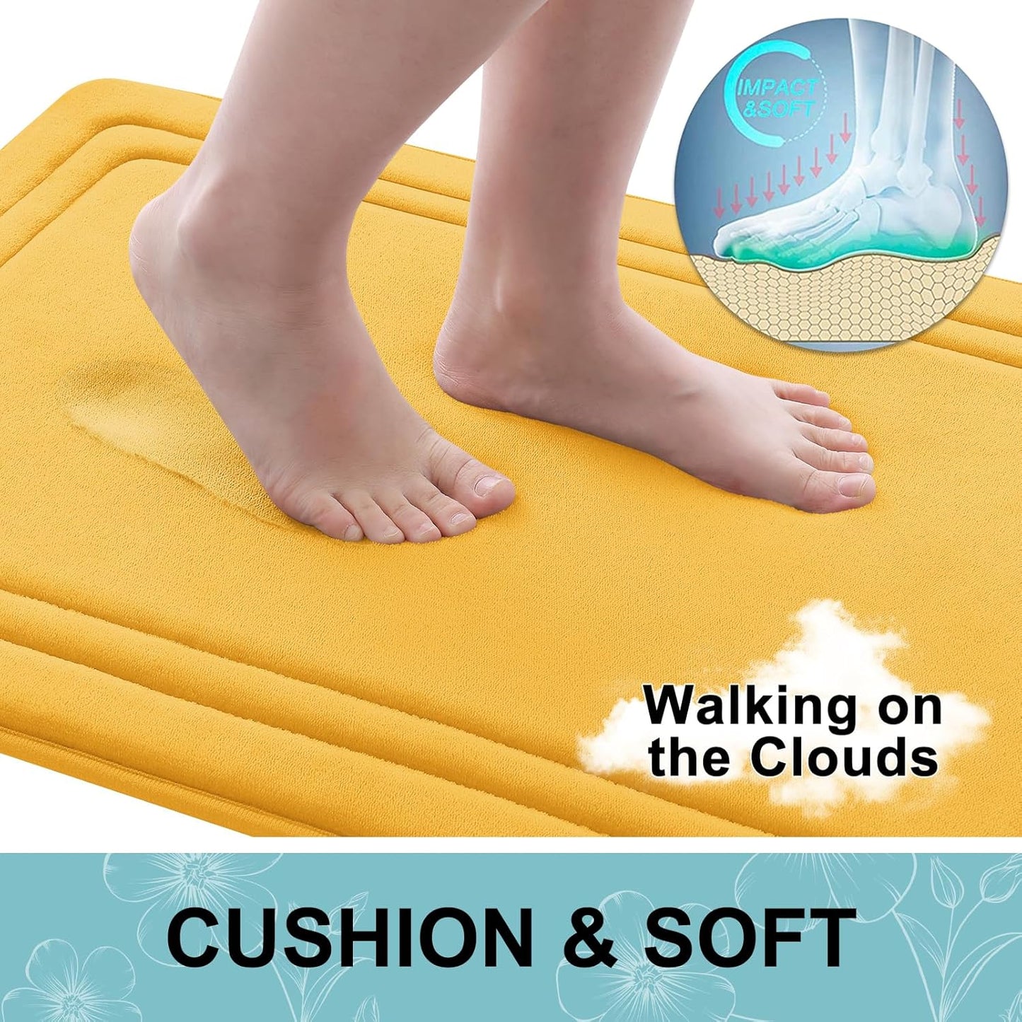 Grandaily Memory Foam Bath Mat Rug 30x20, Ultra Soft, Non-Slip and Absorbent Bathroom Rugs, Machine Wash Dry, Comfortable Bath Carpet for Bathroom Floor, Tub and Shower, Yellow