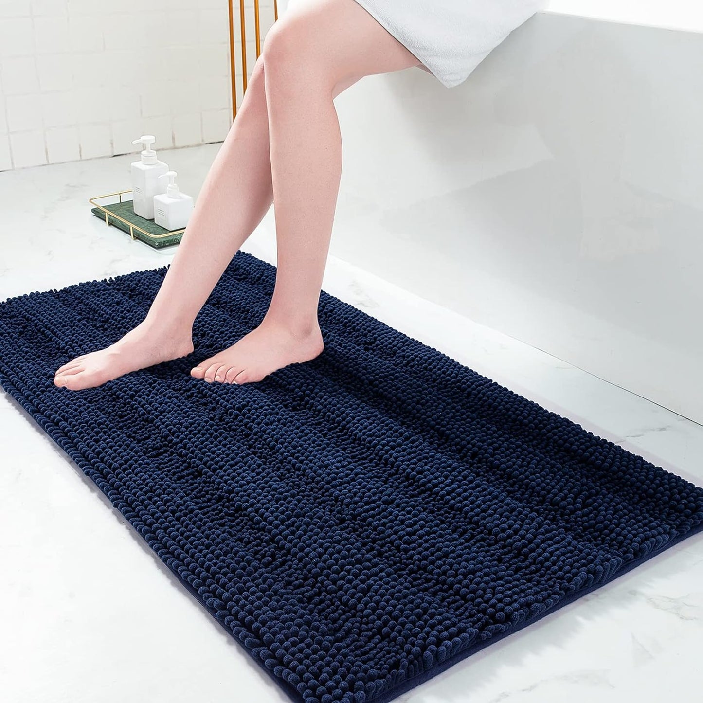 Grandaily Chenille Striped Bathroom Rugs 47x24, Extra Thick and Absorbent Bath Mats, Non-Slip Soft Plush Shaggy Shower Carpet, Machine Wash Dry, Bath Rug for Bathroom, Navy