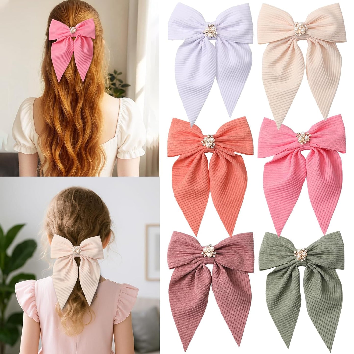 6PCS Hair Bow for Women, Pearl Bow Hair Clips for Girls, Cute Silky Satin Hair Bow Clips, Pink Bow Clip Long Tail, Bows Accessories for Gift