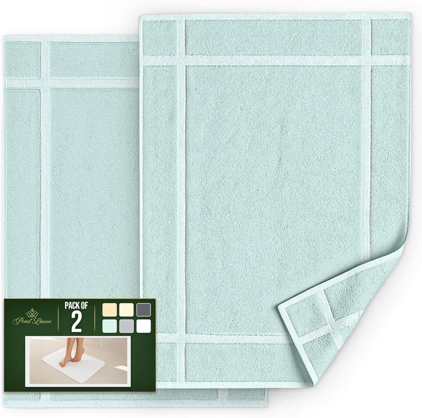 Pearl Linens Pack of 2 100% Cotton Bath Mat 18x25 inches, Soft & Absorbent Quick Dry Bathroom Mat Set, Not Bathroom Rugs, After Shower Mat, Bath Tub Mat, 687 GSM, Machine Washable, Mint Green