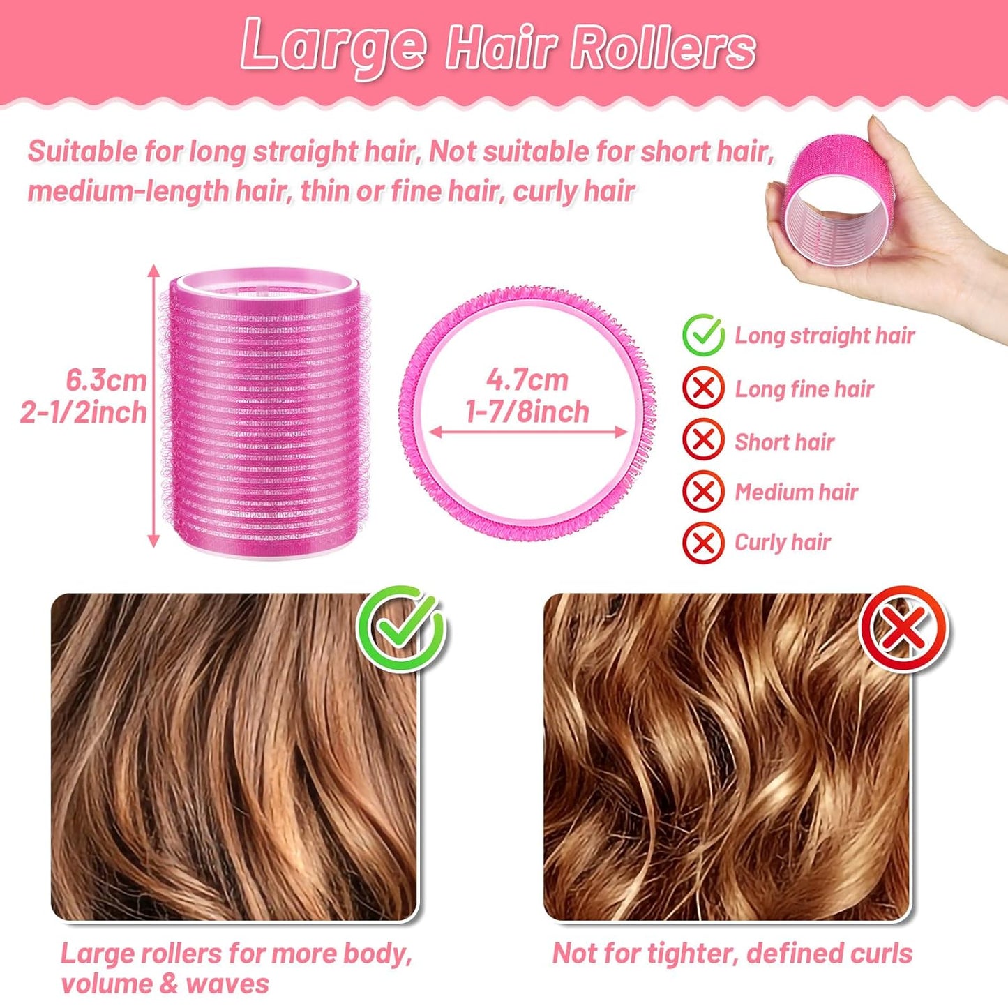 Big Self-Grip Hair Rollers with Stainless Steel Duckbill Clips for Long, Medium Hair and Volume