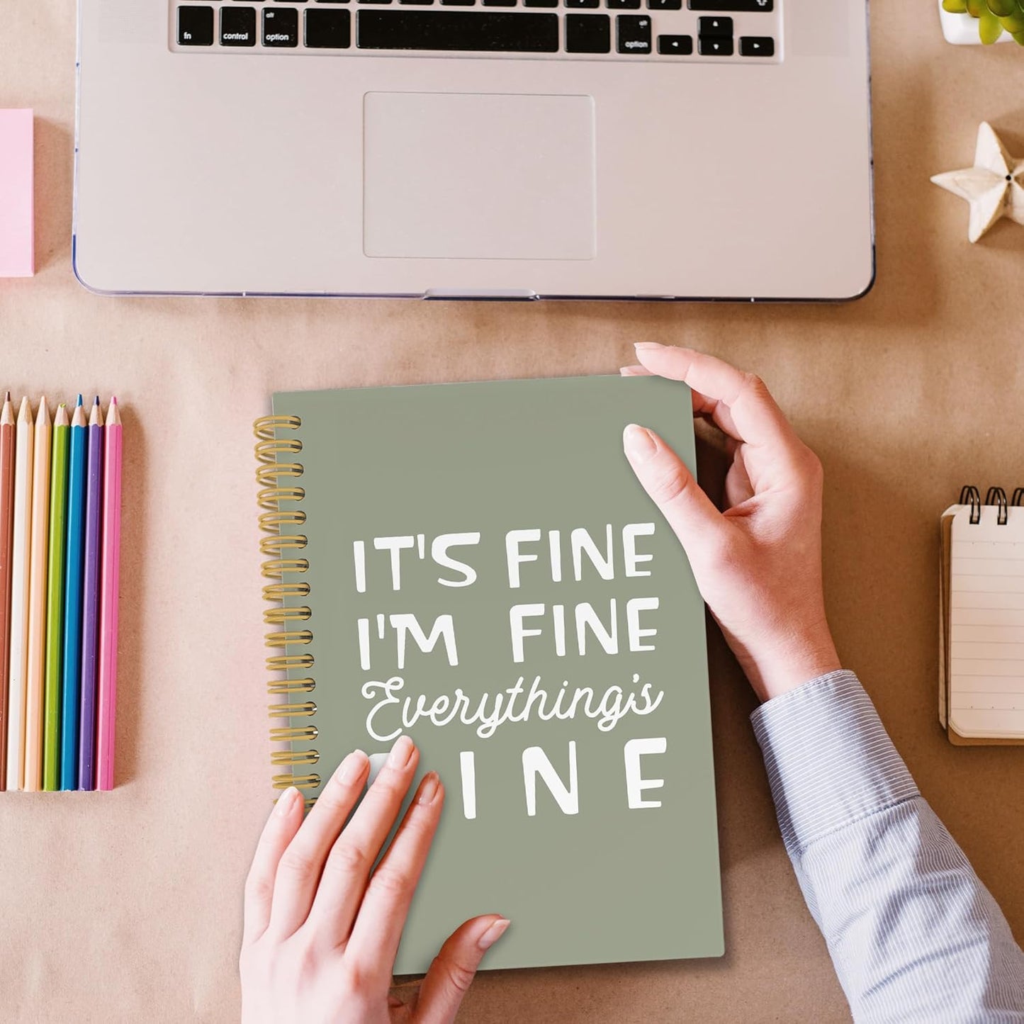 XPH Funny Green Spiral Notebook, It's Fine I'm Everything Is Fine Journaling Notebooks for Women Men, Humorous Hardcover Journals for Office 160 Pages 5.5 x 8.3 Inch, Sarcastic Gifts for Coworkers