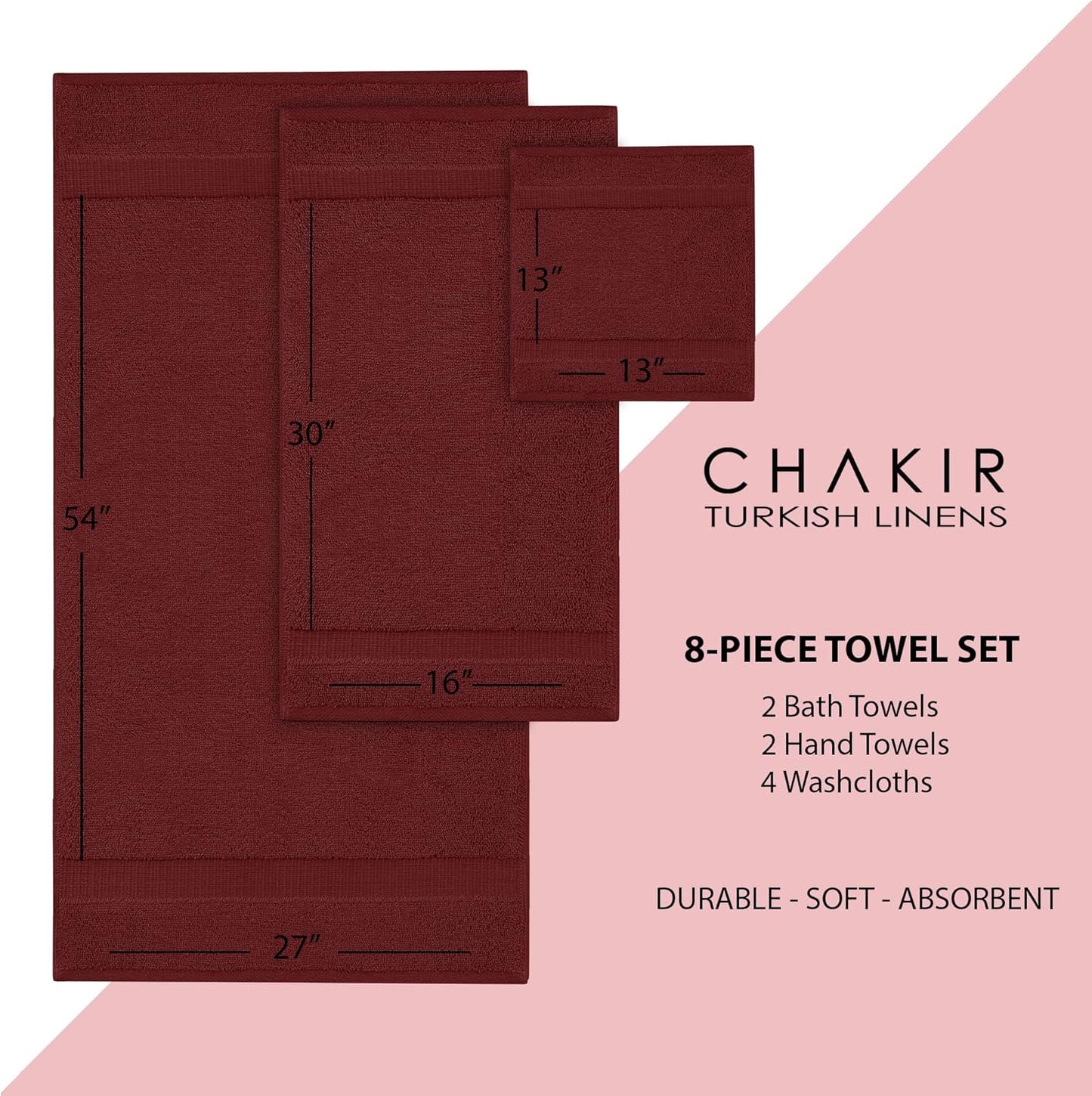 Chakir Turkish Linens | Hotel & Spa Quality 100% Cotton Premium Turkish Towels | Soft & Absorbent (8-Piece Towel Sets, Cranberry)