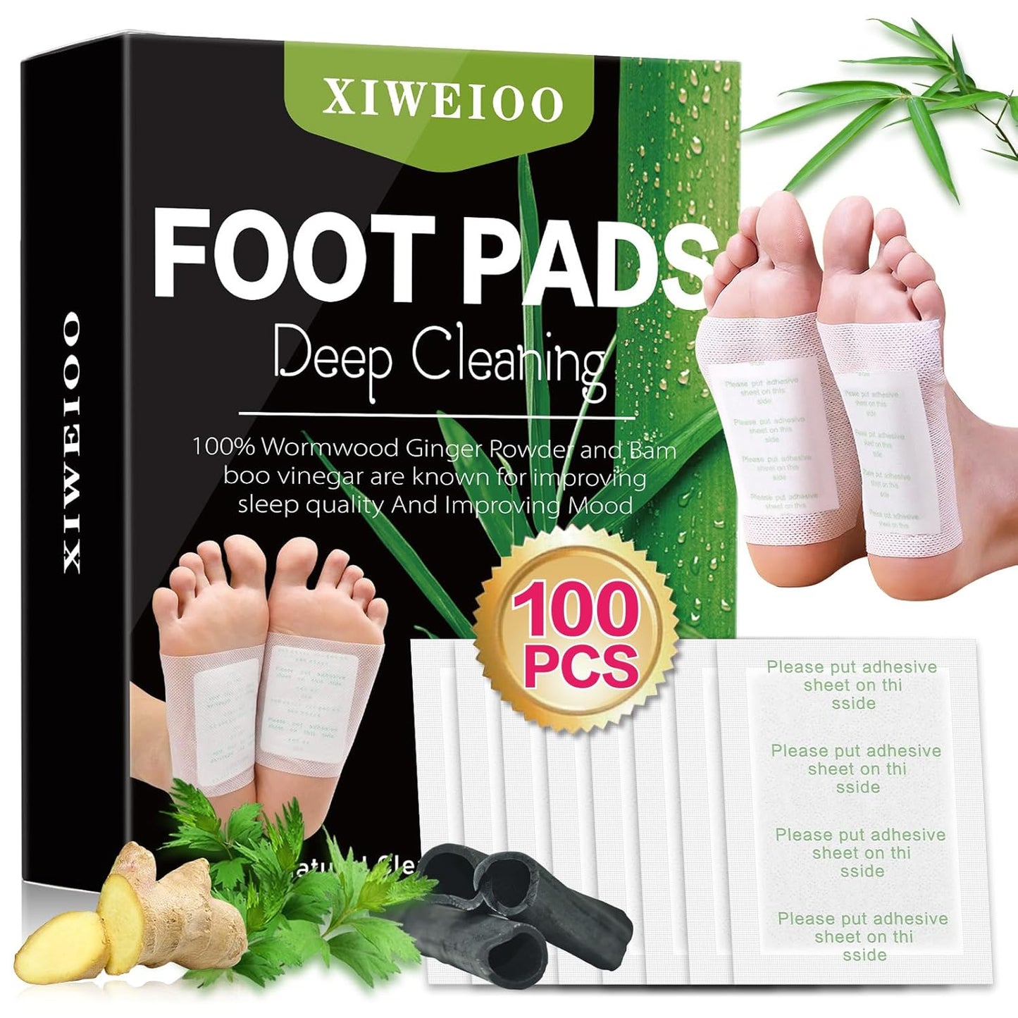 100 Pack Foot Pads, Ginger Bamboo Charcoal Foot Care kit Patch, Natural Cleansing, Best Sleeping, Suitable for Daily Relaxation Foot Paches Relieve Stress, Improve Sleep