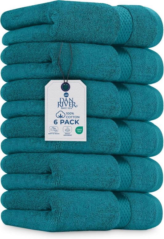 DAN RIVER 6-Pack Premium Hand Towels (16x28 Inches) - 100% Cotton, Ultra Soft, Lightweight, Highly Absorbent Towels for Bathroom, Spa, Gym, Salon, Hotel, and Travel - 550 GSM - Teal