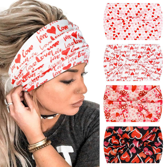 Huachi 4 Packs Valentine Headbands for Women Wide Knotted Valentine Heart Headbands Trendy Love Head Bands for Women’s Hair Large Bandana Hairbands Valentines Gifts Hair Accessories
