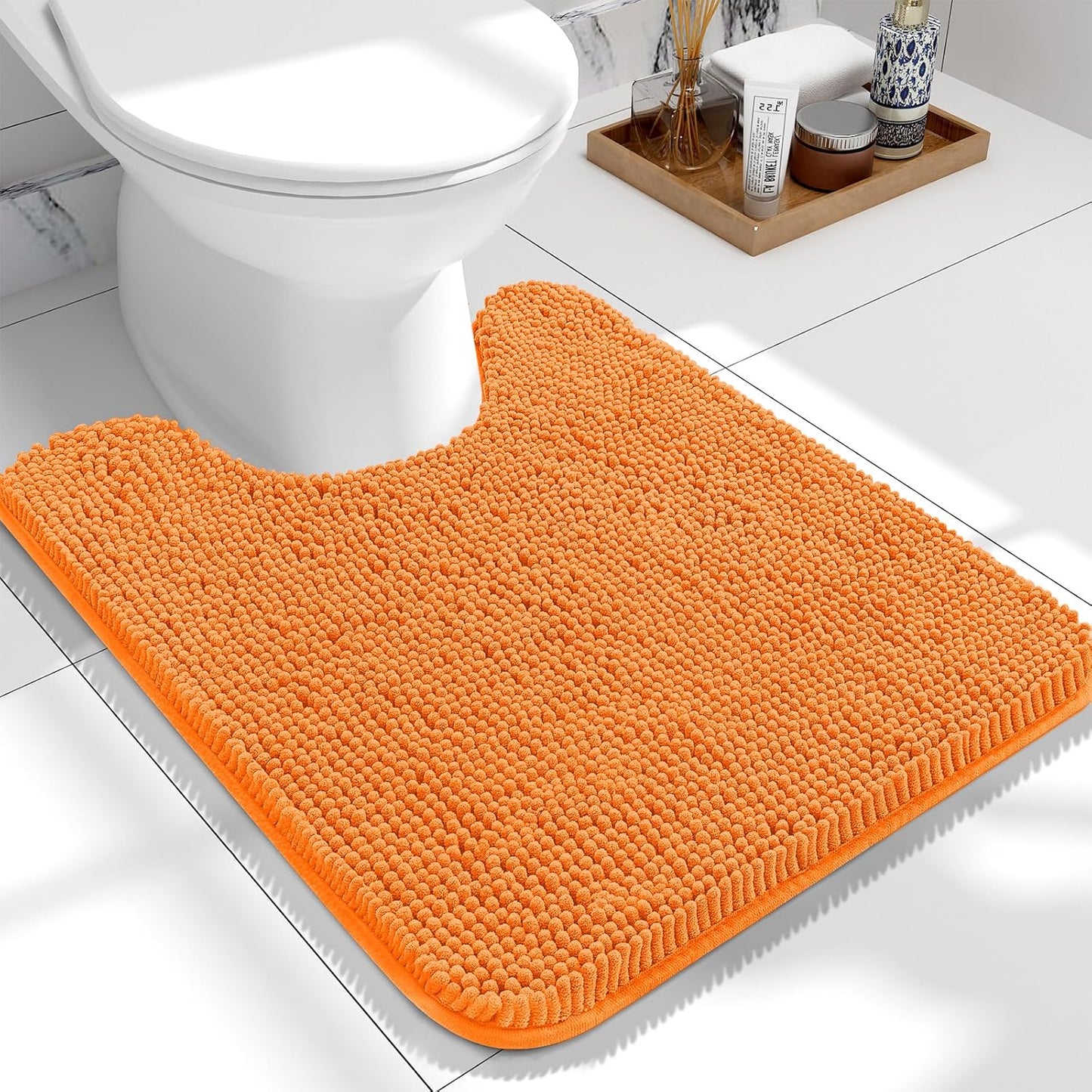 OLANLY Toilet Rugs U-Shaped 24x20, Extra Soft Absorbent Chenille Contour Bathroom Rugs for Toilet, Dry Quickly, Machine Washable, Non-Slip Bath Mat, Orange