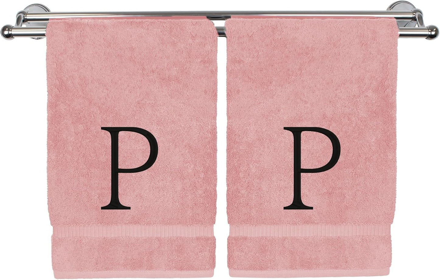 Monogrammed Hand Towel, Personalized Initial Gift, Extra Absorbent 100% Turkish Cotton - Soft Terry Finish - Set of 2 - Black Block Initial P - Embroidered on Pink Towels