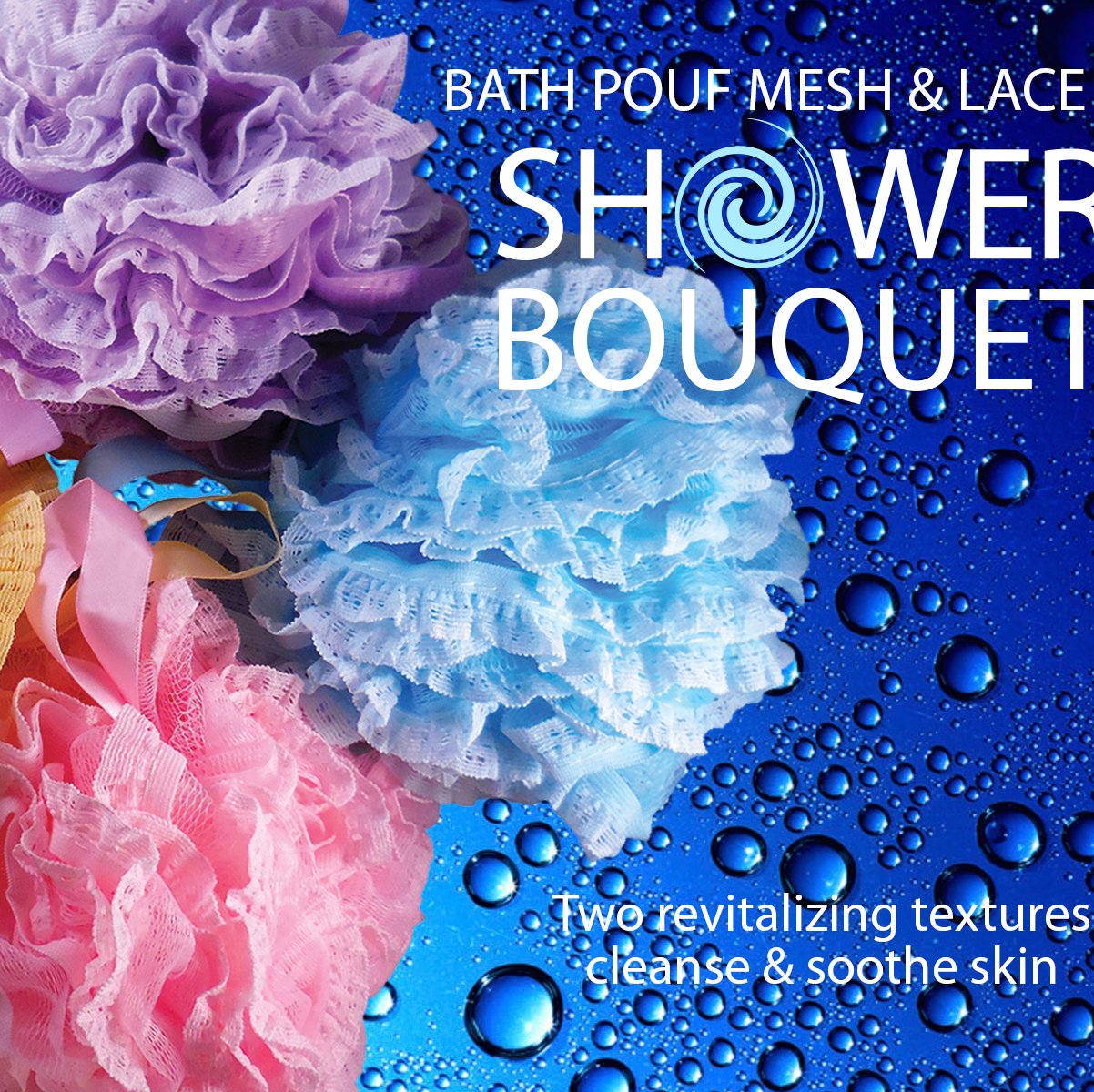 Loofah-Bath-Sponge Lace-Mesh-Set // 2-Scrubs-in-1 by Shower Bouquet/Large Full 60g Pouf (4 Pack Spa Colors) Body Luffa Loofa Loufa Puff - Exfoliate, Cleanse Skin with Luxurious Bathing Accessories