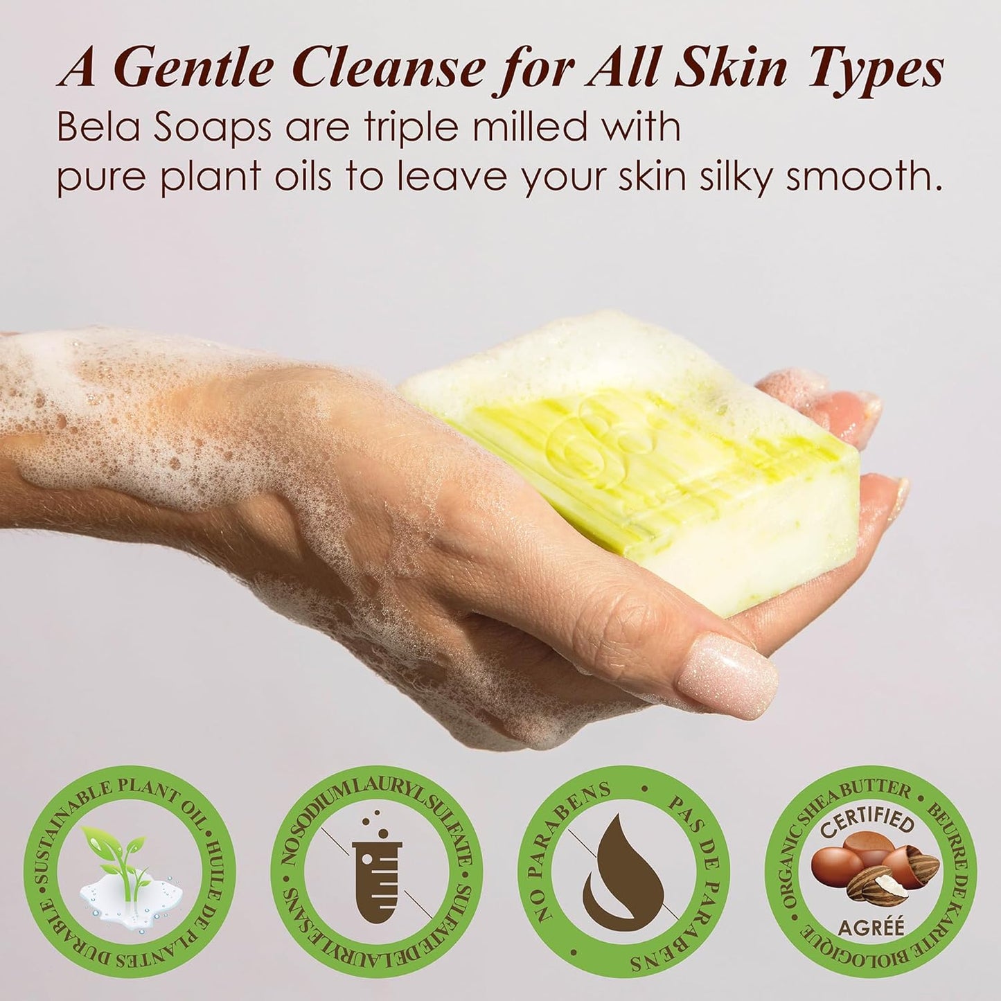 BELA Olive Oil and Cocoa Butter Soap, 3.3 OZ Pack of 12, Long Lasting French Triple Milled Bar Soap with Organic Shea Butter, Hand, Face and Body Wash Bar, Made in Australia