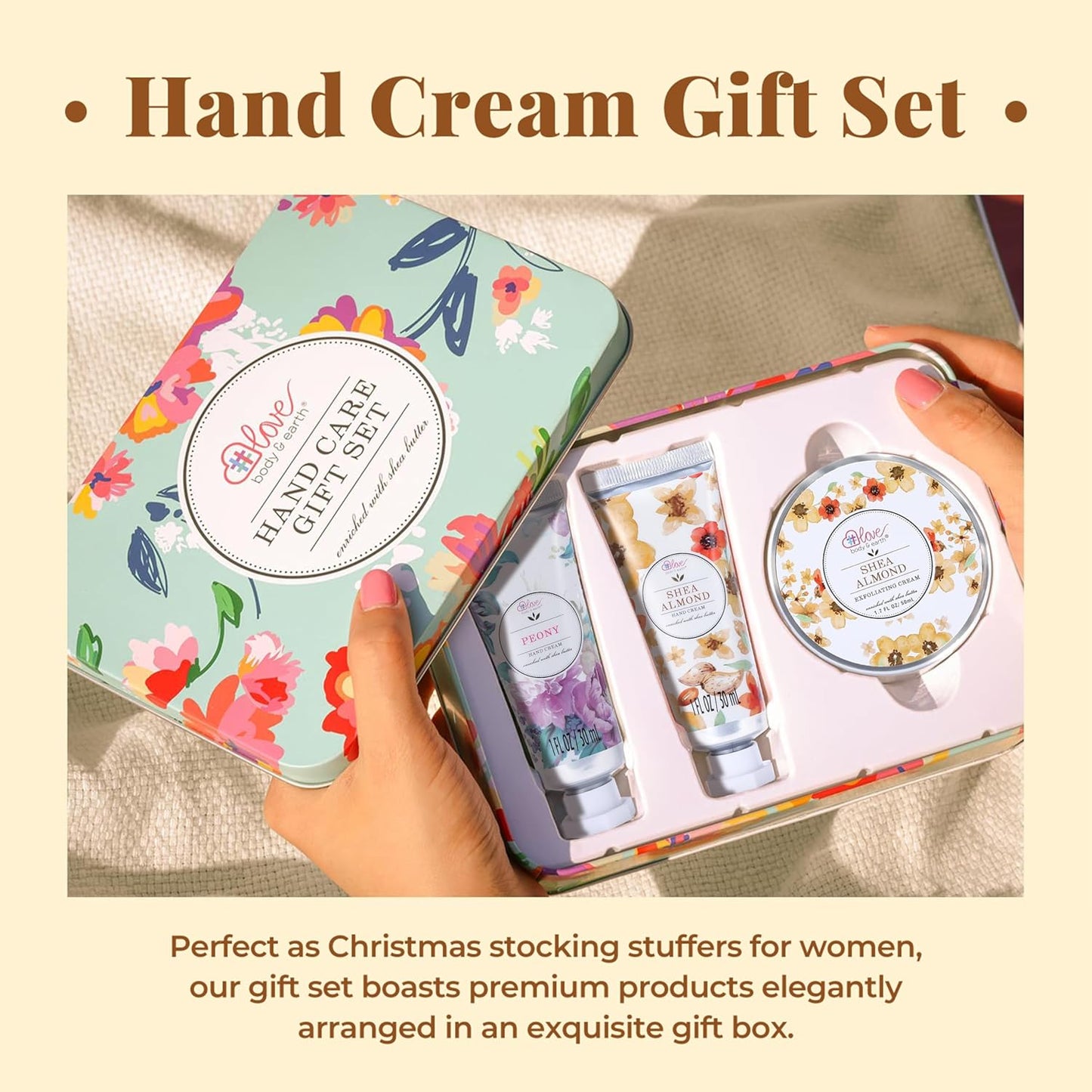 BODY & EARTH # LOVE Hand Cream Gift Set for Women, Hand Lotion Gift for Mothers Day, Travel Size Lotion, Repair & Moisture Dry Hands, 2 Hand Cream & Exfoliating Cream, Skin Care Birthday Gift for Her