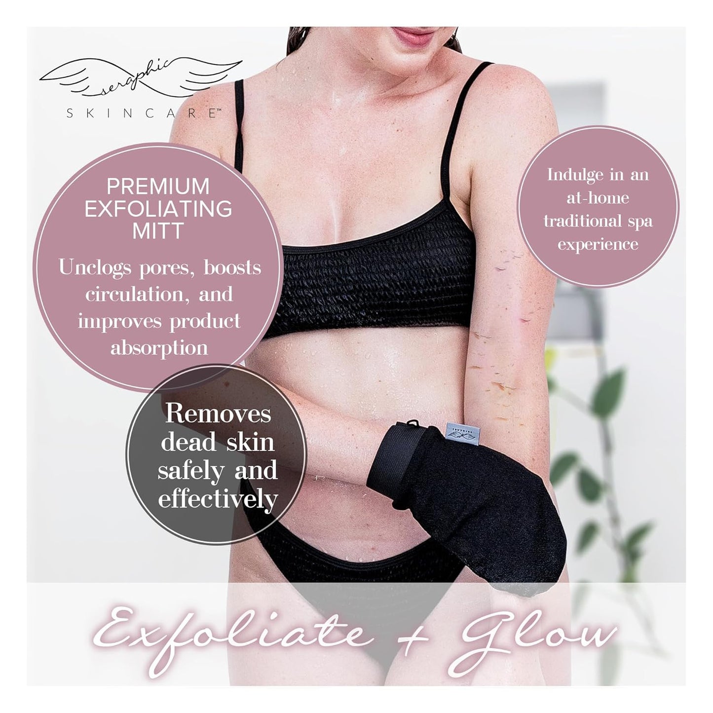 Seraphic Skincare (Original) Premium Exfoliating Mitt for Body (1pc) & Back Exfoliator – Body Exfoliator for Self-Tan Removal – Dual-Sided Back Scrubber for Deep Exfoliation & Cleansing