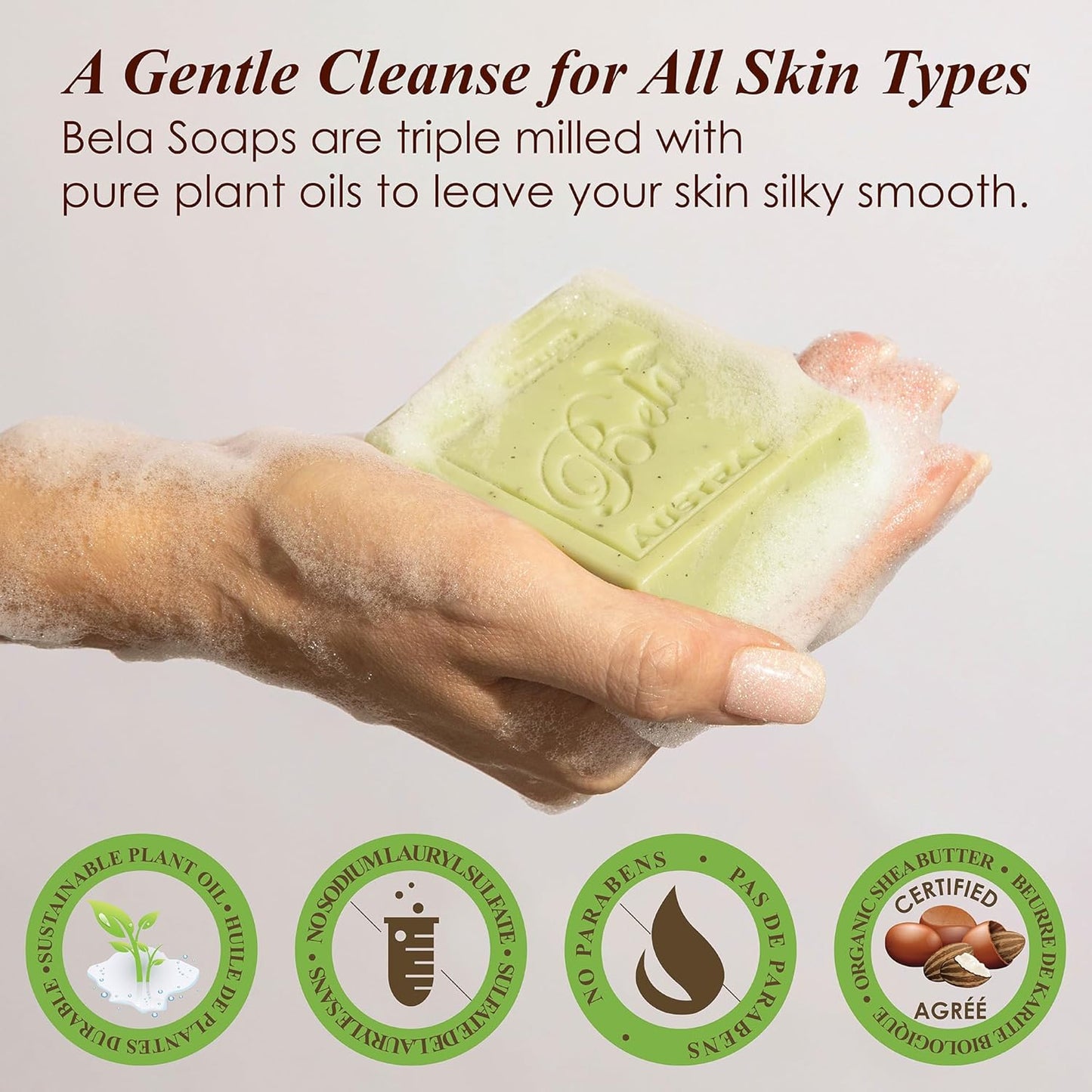 BELA Gardeners with Crushed Leaf and Bran Soap 3.3 OZ Pack of 6, Long Lasting French Triple Milled Bar Soap with Organic Shea Butter, Hand, Face and Body Wash Bar, Made in Australia