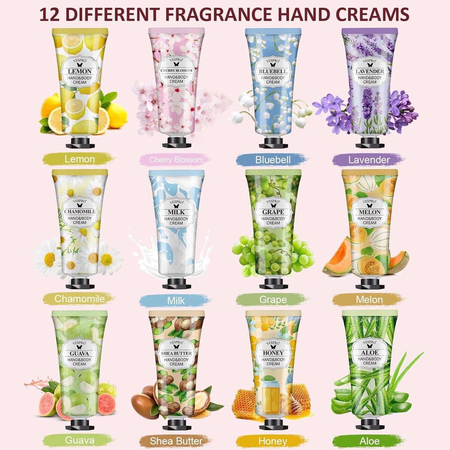 12 Pack Hand Cream Gift Set, Stocking Stuffers for Women, Bulk Hand Lotion Travel Size for Dry Cracked Hands, Mini Moisturizing Hand Lotion for Christmas Gifts, Thank You Gifts, Bridesmaid Gifts