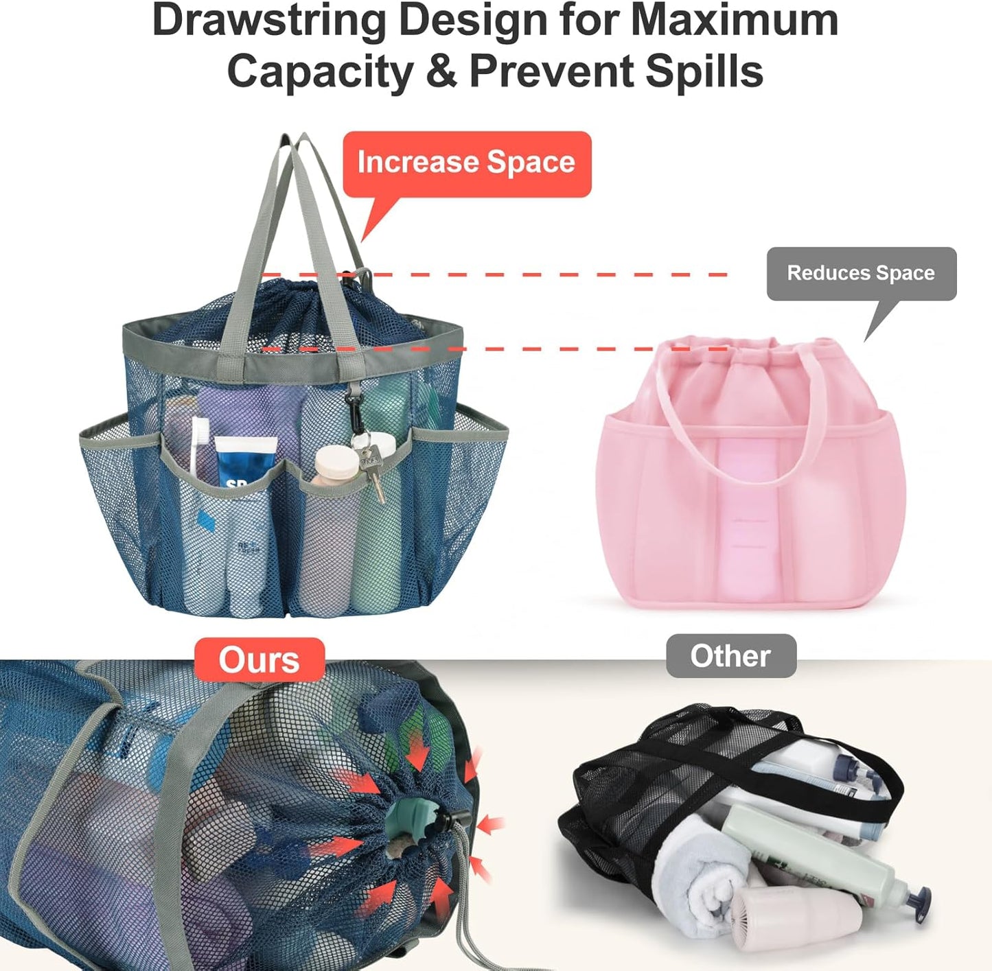 F-color Mesh Shower Caddy Portable with Drawstring - Upgrade Deeper 7 Pockets Dorm Room Essentials for Guys Girls with S Hook, Shower Bag Basket Tote for College Camping Toiletry Bathroom, Blue