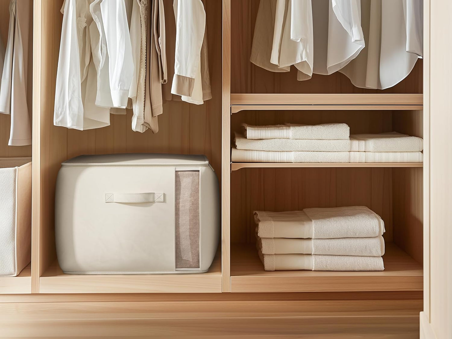 Large Canvas Clothes Storage Bags with Thick Handles and Clear Window, Foldable Cotton Linen Closet Organizer for Clothing, Blankets and Bedding, 70L, 3 Pack, Beige