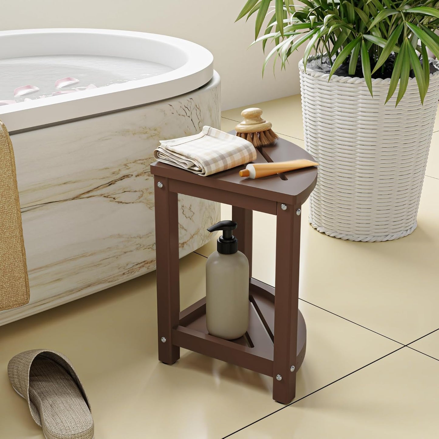Shower Stool for Inside Shower, Corner Shower Bench Seat, HDPE Waterproof Shower Stool for Shaving Legs with Baffle Storage Shelf, Shower Seat/Foot Rest for Bathroom, Indoor/Outdoor Use, Brown