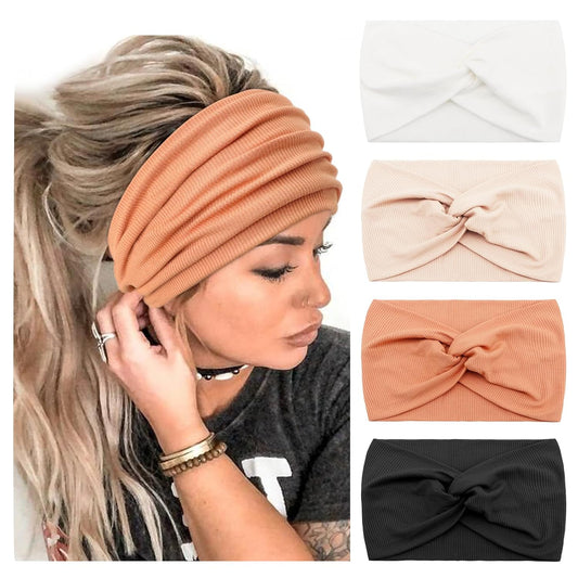 DRESHOW 4 Pack Turban Headbands for Women Wide Vintage Head Wraps Knotted Cute Hair Band Accessories
