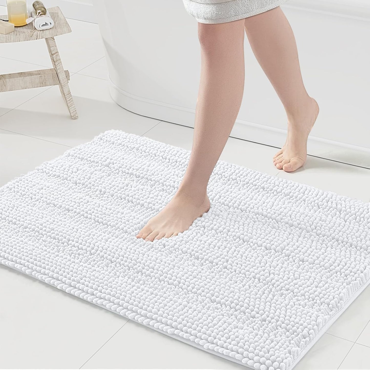 Grandaily Chenille Striped Bathroom Rugs 36x24, Extra Thick and Absorbent Bath Mats, Non-Slip Soft Plush Shaggy Shower Carpet, Machine Wash Dry, Bath Rug for Bathroom, (Large, White)