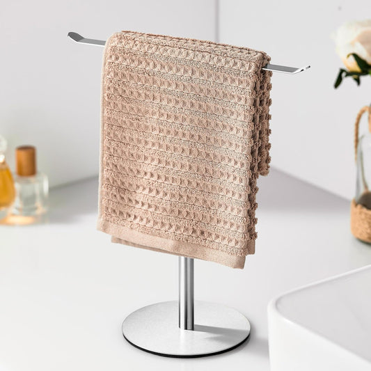 Silver Hand Towel Holder Stand – Countertop T-Shaped Stainless Steel Towel Rack with Non-Slip Base for Vanity and Kitchen