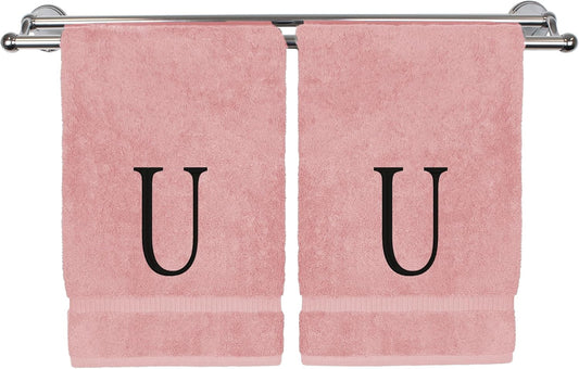 Monogrammed Hand Towel, Personalized Initial Gift, Extra Absorbent 100% Turkish Cotton - Soft Terry Finish - Set of 2 - Black Block Initial U - Embroidered on Pink Towels