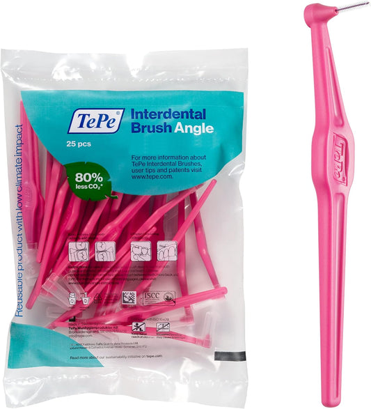 TePe Interdental Brush Angle, Angled Dental Brush for Teeth Cleaning, Pack of 25, 0.40 mm, Extra-Small/Small Gaps, Pink, Size 0