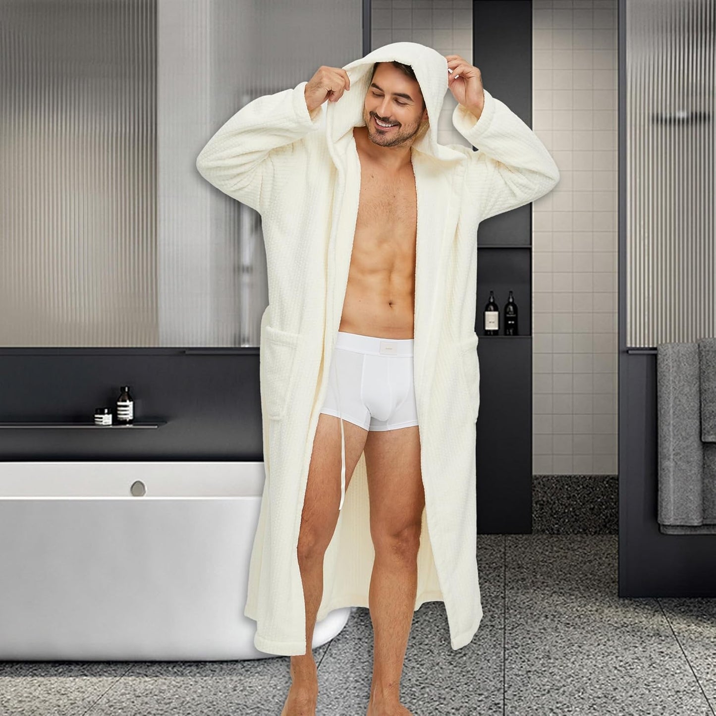 Men's Bathrobes with Hood, Soft Long Towel Robe for Men - Super Absorbent Quick Dry yet Warm