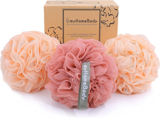 myHomeBody Large 70g Loofah Sponge, Body Scrubber, Bath Sponge, Loofah for Women, Men, Exfoliating Sponge Shower Pouf with Activated Charcoal - 2 Peach + 1 Coral Red, 3 Pack