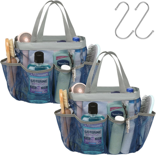 F-color Mesh Shower Caddy Portable - 2 Handles Upgrade Deeper 7 Pockets Basket Bag Tote for College Dorm Room Toiletry Bathroom Essentials Gym Camp Quick Dry with S Hook, 2 Pack Blue