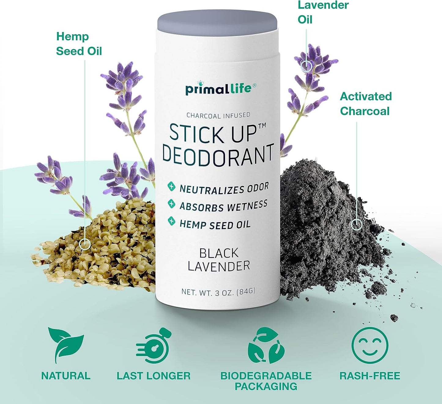 Stick Up Natural Deodorant for Women and Men with Bentonite Clay Powder, Arrowroot, Magnesium, Zinc, 3 oz. Vegan Deodorant for 3-4 months, Black Lavender - Primal Life Organics