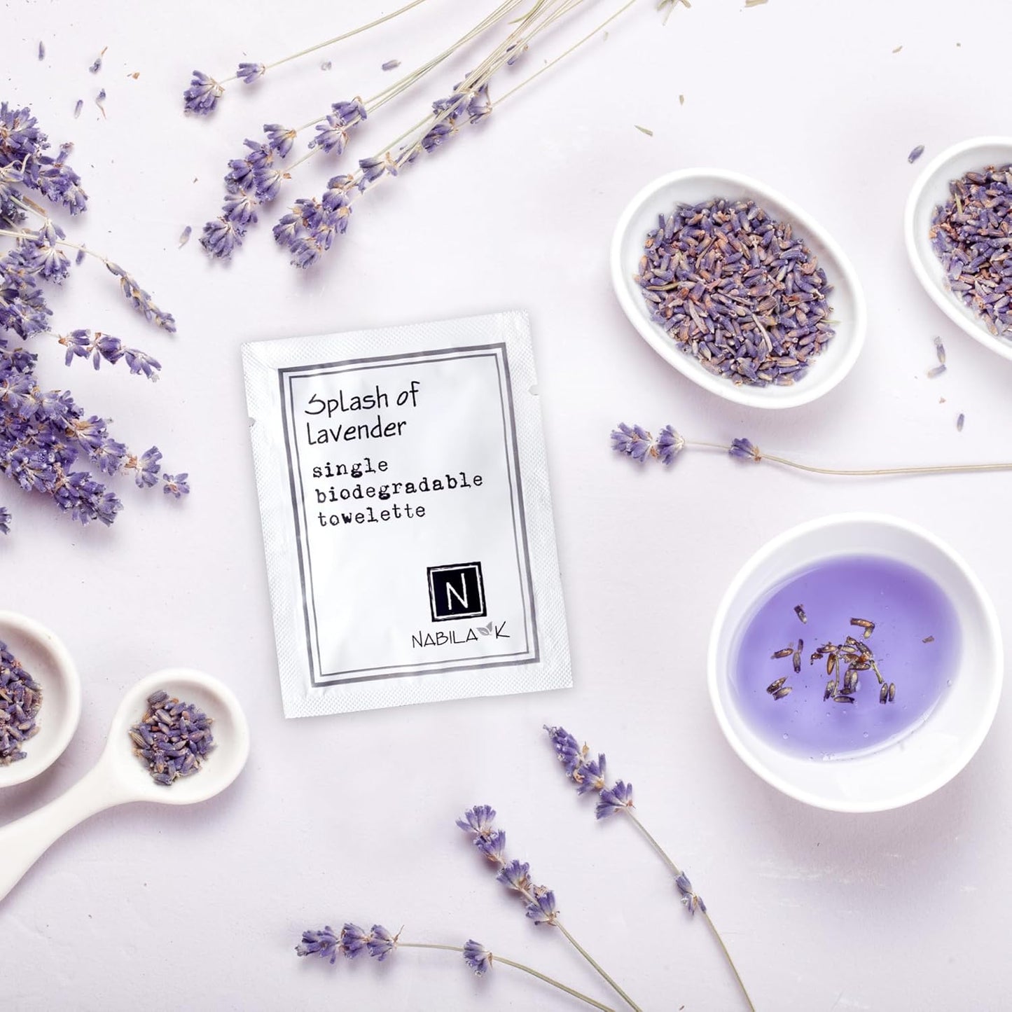 Splash of Lavender Scented Moist Towelettes Single Use by Nabila K - Alcohol-Free, Plant-Based with Natural Ingredients - Individually Wrapped Disposable Travel Size Wipes with Bamboo Case - 20 Count