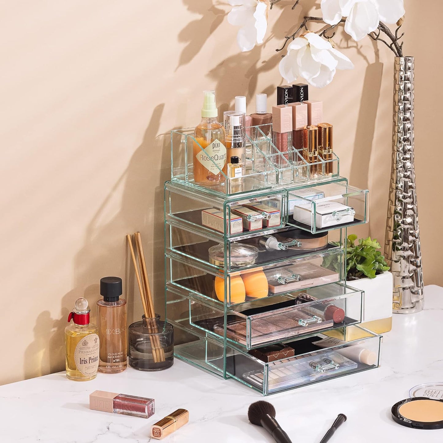 Sorbus Clear Cosmetic Makeup Organizer - Make Up & Jewelry Storage, Case & Display - Spacious Design - Great Holder for Dresser, Bathroom, Vanity & Countertop (4 Large, 2 Small Drawers) [Teal Thrill]