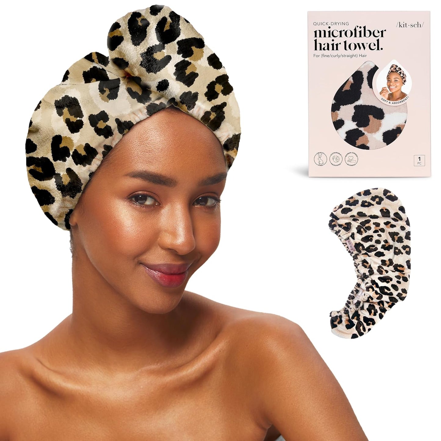 Kitsch Microfiber Hair Towel Wrap for Women - Microfiber Towel, Super Absorbent, Quick Dry, Anti-Frizz - for Long and Short Hairs, Turbans for Women, Hair Wrap - Leopard
