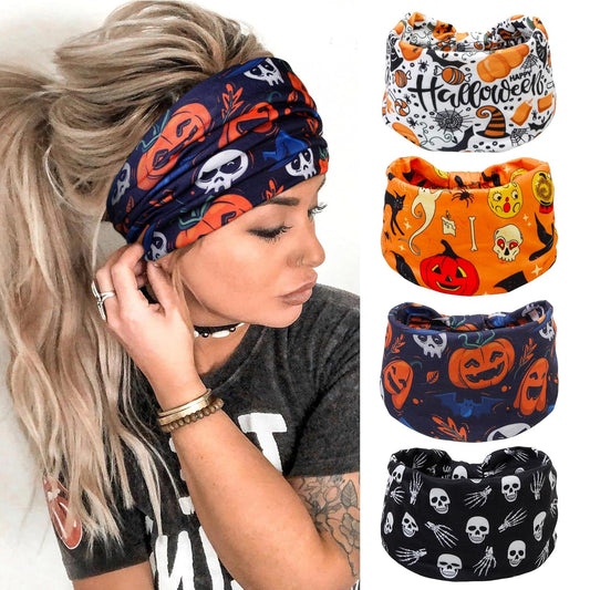 Huachi Halloween Headbands for Women Cute Knotted Head Bands Girls Hair Accessories Devil Pumpkin Skull Hairbands Fashion Fall Costume Hairwear Holiday Gifts (Pack of 4)