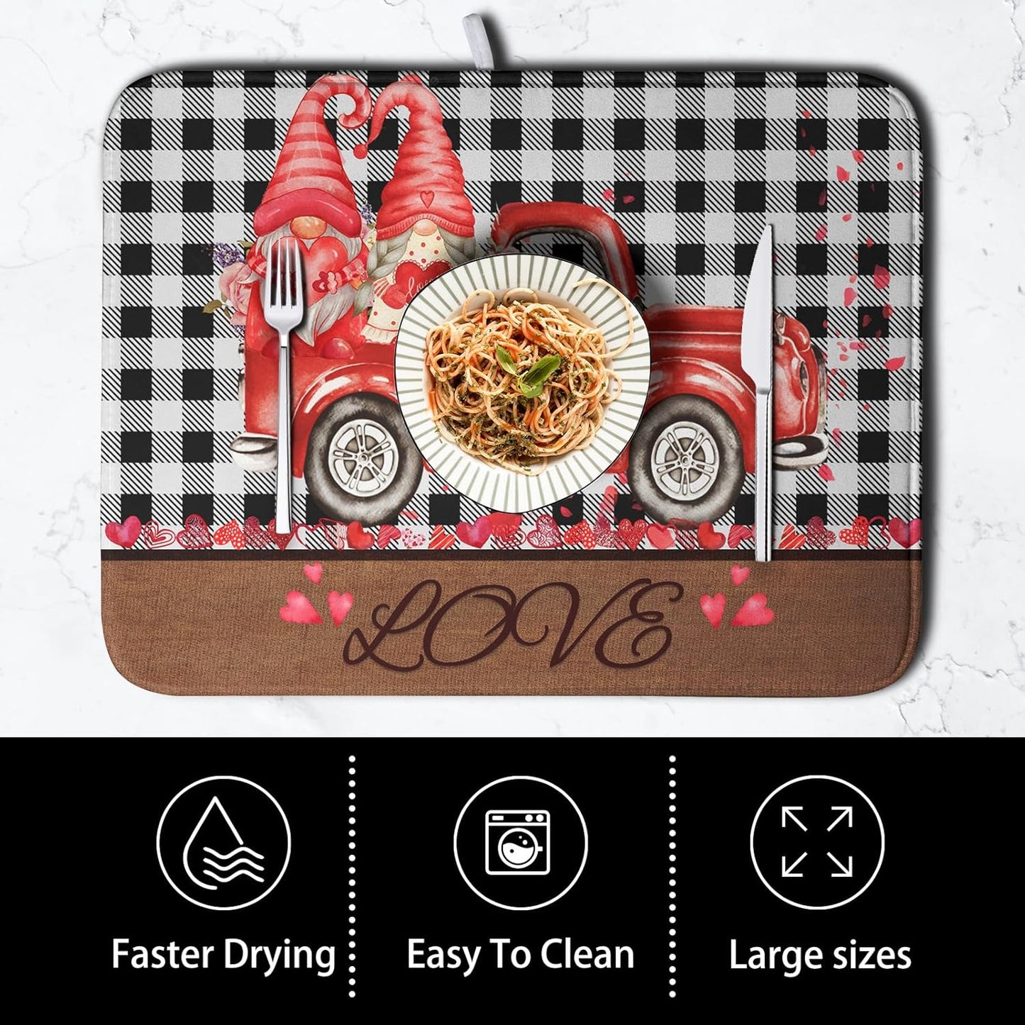 Valentine's Day Dish Drying Mats for Kitchen Counter, Buffalo Plaid Truck Kitchen Drying Mat, Love Heart Gnome Absorbent Dishes Pad 18 x 24 Inch - Farmhouse Decor Valentines Gift