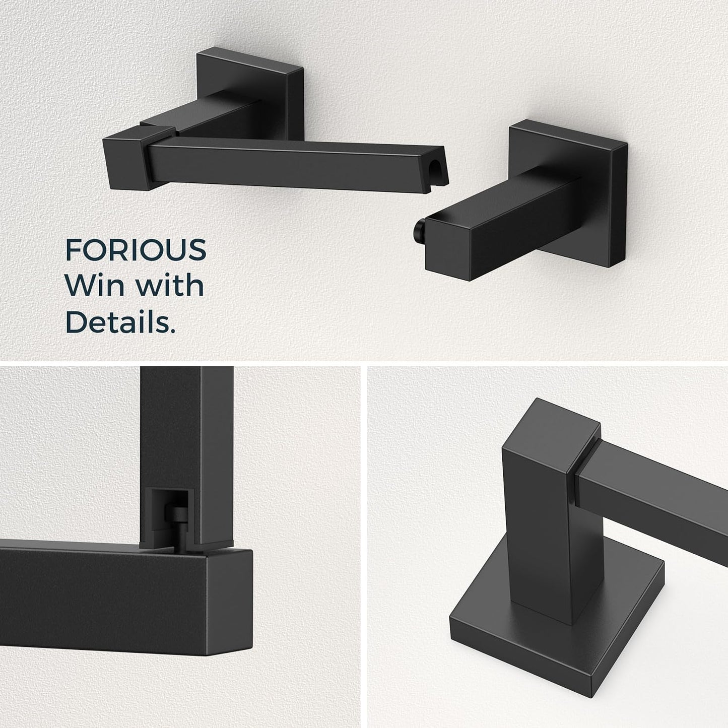 FORIOUS Toilet Paper Holder Set Wall Mount, SUS 304 Stainless Steel Pivoting Toilet Paper Holder and Towel Ring, Hand Towel Holder Set for Bathroom, Square Bathroom Hardware Set, Matte Black