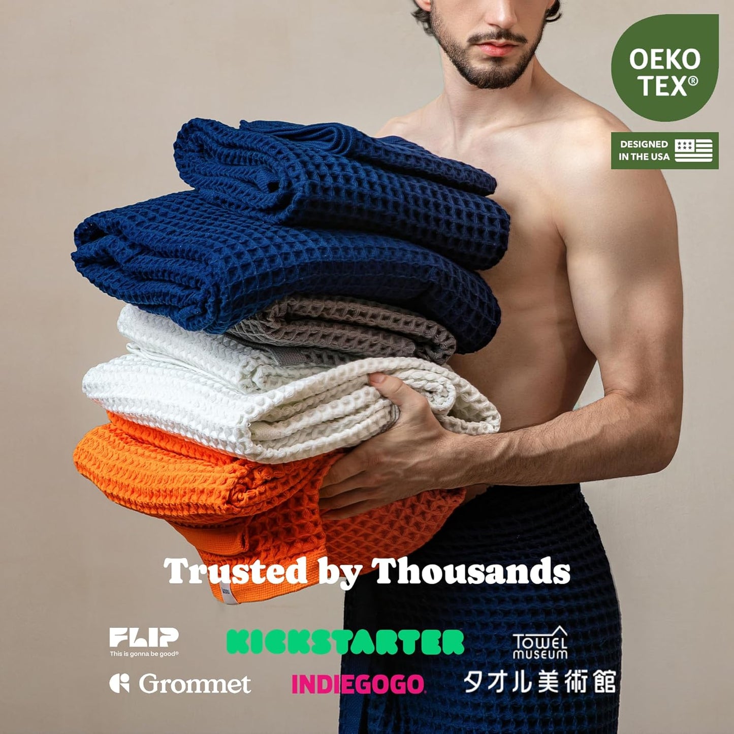 Luxury Japanese Cotton Waffle Bath Towel | Plush, Absorbent, and Quick Dry | Free Storage Bag Included (Coral Orange, Bath Towel, 55" x 34")