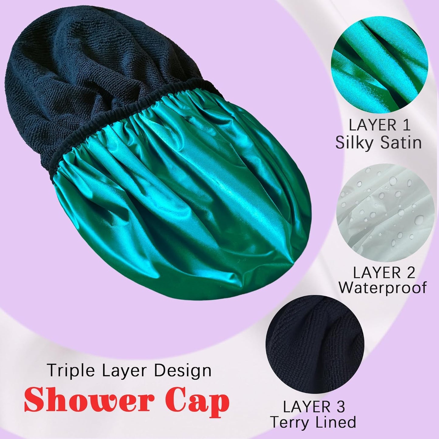Shower Cap Reusable Waterproof, Terry Lined Shower Caps for Women, Triple Layer Hair Cap for Shower, Large Plastic Shower Cap for Braids Long Hair