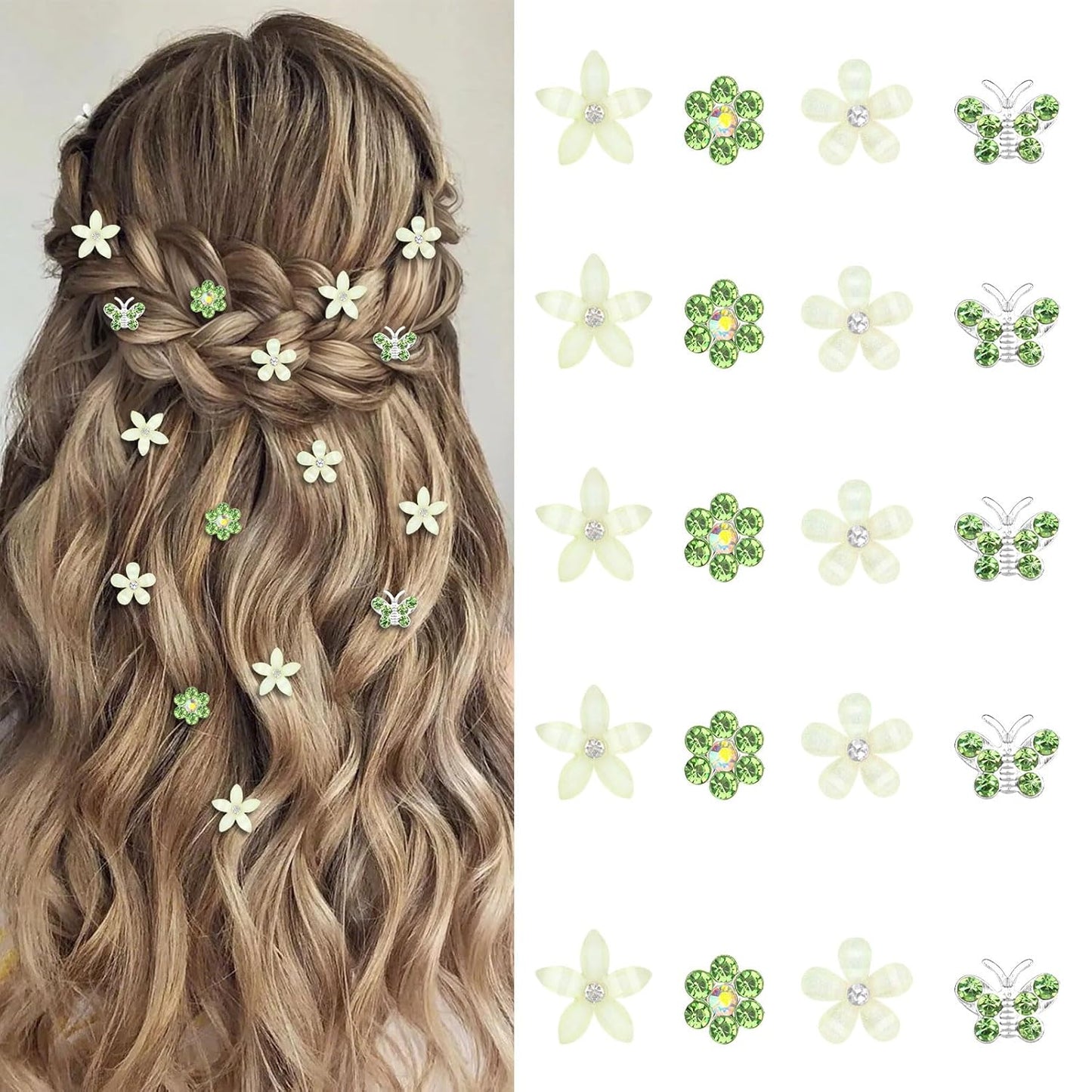 YISSION 20 Pcs Mini Flower Hair Clips Rhinestone Butterfly Hair Pins Small Decorative Hair Clips Wedding Hair Barrettes Green Hair Clips Bridal Flower Girl Hair Accessories for Girls Women
