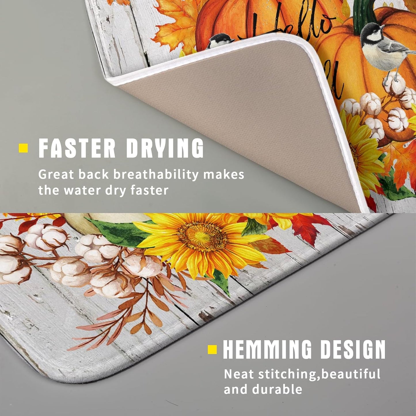 Hello Fall Dish Drying Mat for Kitchen Counter 16x18 Inch Orange Pumpkin Absorbent Drying Pad with Hanging Loop Autumn Home Decoration