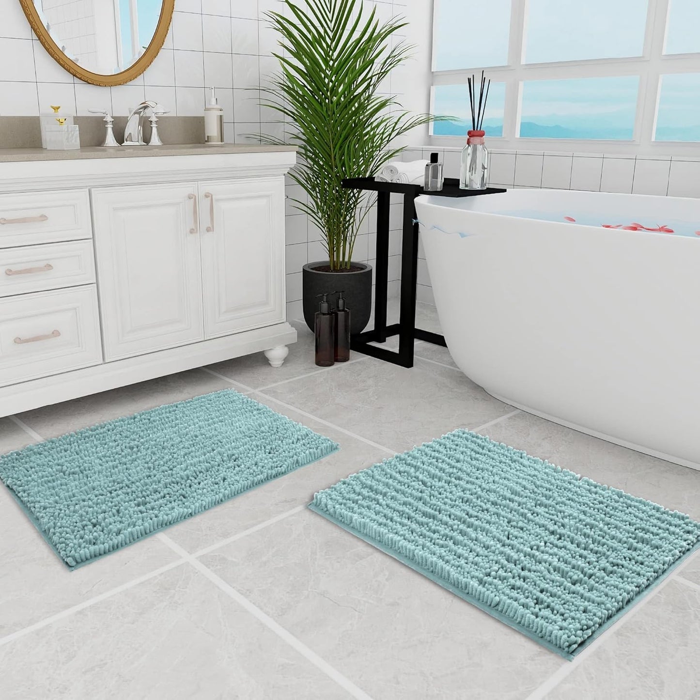 Walensee Bathroom Rug 2 Pieces Set Non Slip Bath Mat (20"x32" Plus 20"x32" spa Blue) Water Absorbent Super Soft Shaggy Chenille Machine Washable Dry Extra Thick Perfect Carpet for Shower Floor