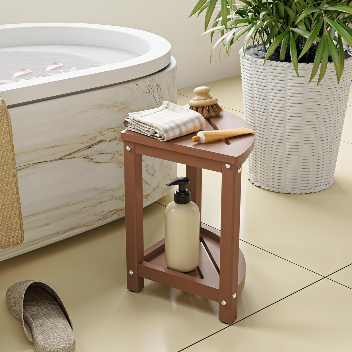 Shower Stool for Inside Shower, Corner Shower Bench Seat, HDPE Waterproof Shower Stool for Shaving Legs with Baffle Storage Shelf, Shower Seat/Foot Rest for Bathroom, Indoor/Outdoor Use, Teak