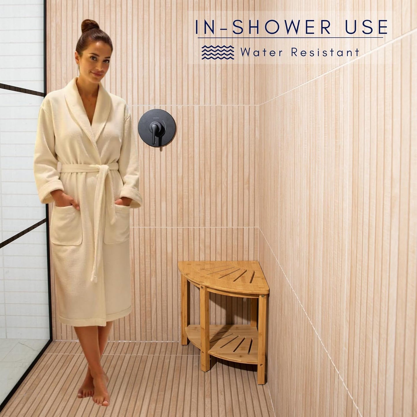 DECOMIL - Bamboo Corner Shower Bench, Bathroom Shower Stool with Storage, Nonslip Feet & Waterproof Bench, Perfect for Bath, Spa and Home Décor