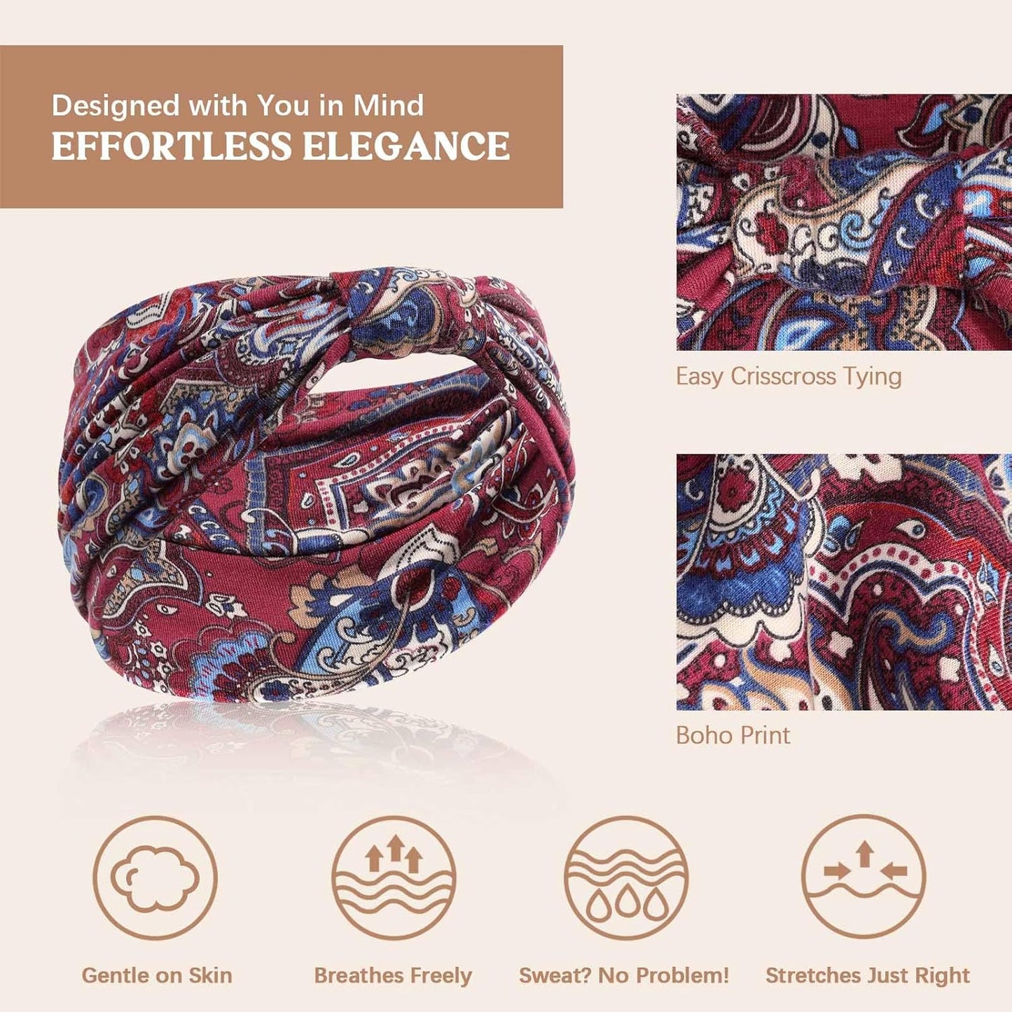 Wide Headbands for Women Knotted No Slip Head Bands Soft Turban Headband Hair Accessories Boho African Solid Color Head Wraps for Women Yoga Workout Pack of 6