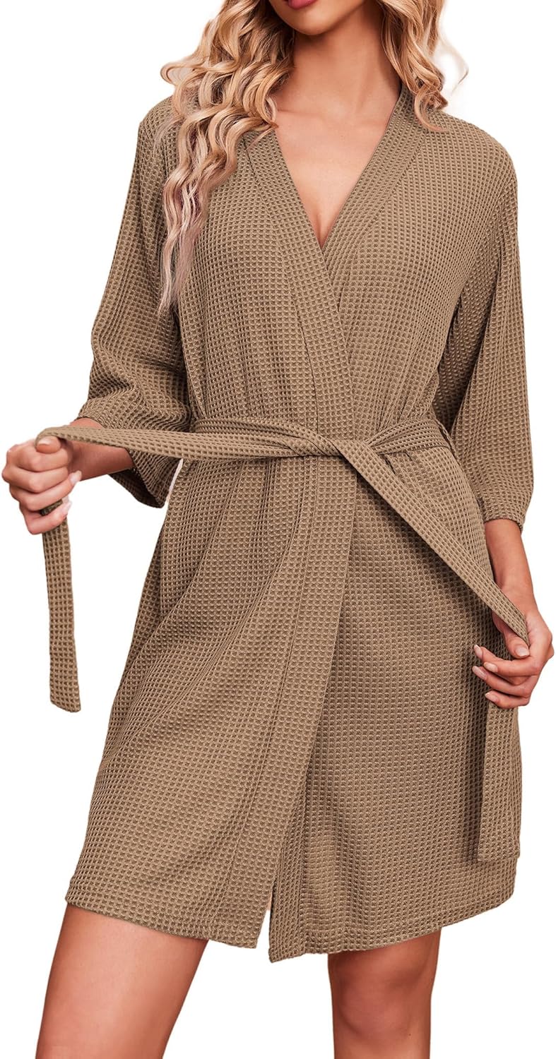 Ekouaer Robes for Women Waffle Knit Bathrobe Soft Lightweight Knee Length Loungewear S-XXL